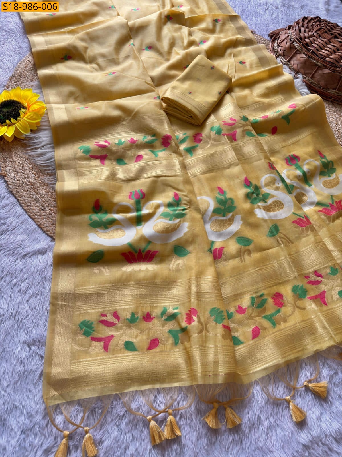 Yellow Fancy Soft Muga Cotton Sarees