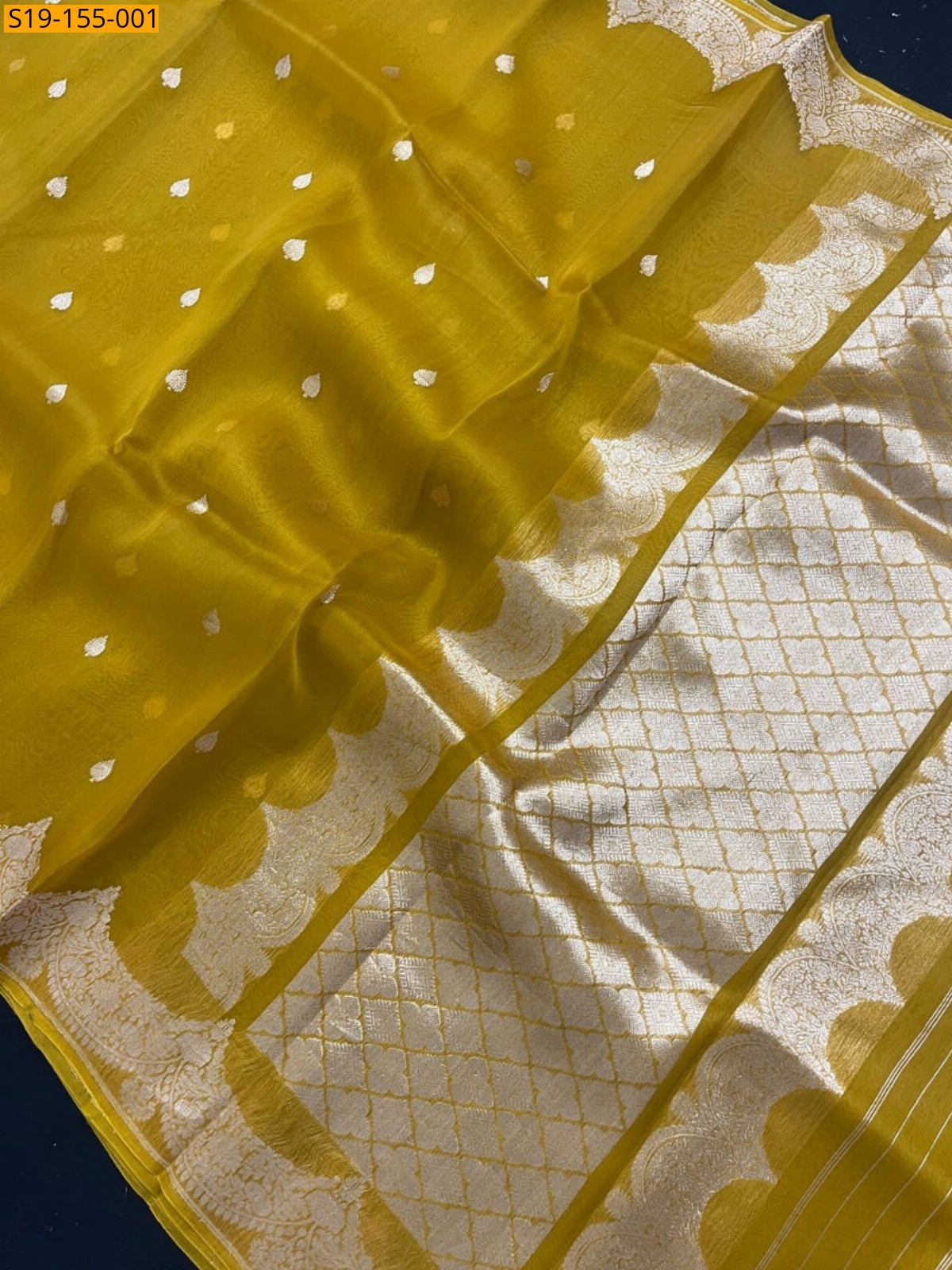Mustard Yellow Banarasi kora organza dyeble soft silk saree