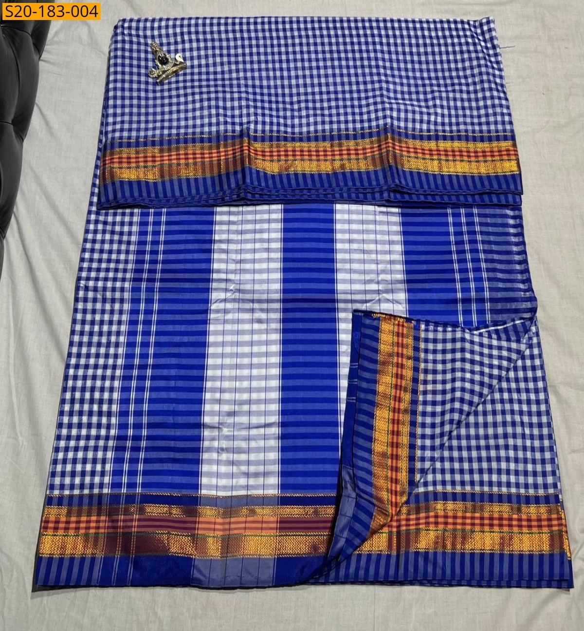 Blue Cotton Checks Saree