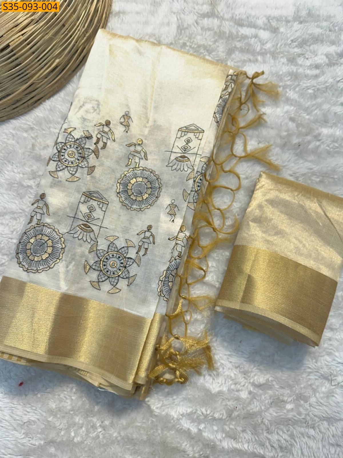 Half White Fancy Tusser Silk  Sarees