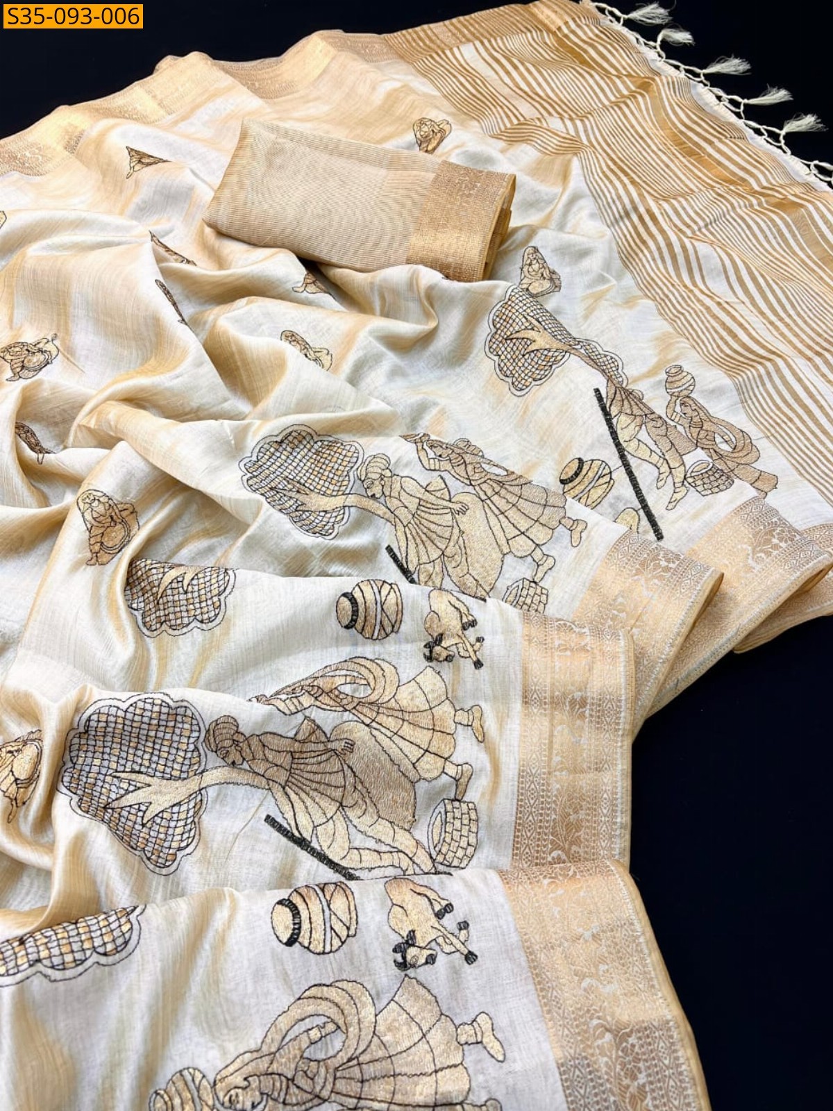 Half White Fancy Tusser Silk  Sarees