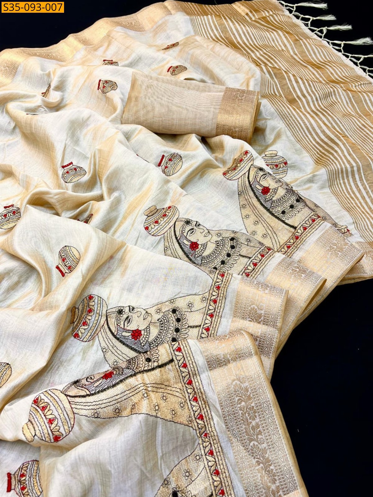Half White Fancy Tusser Silk  Sarees