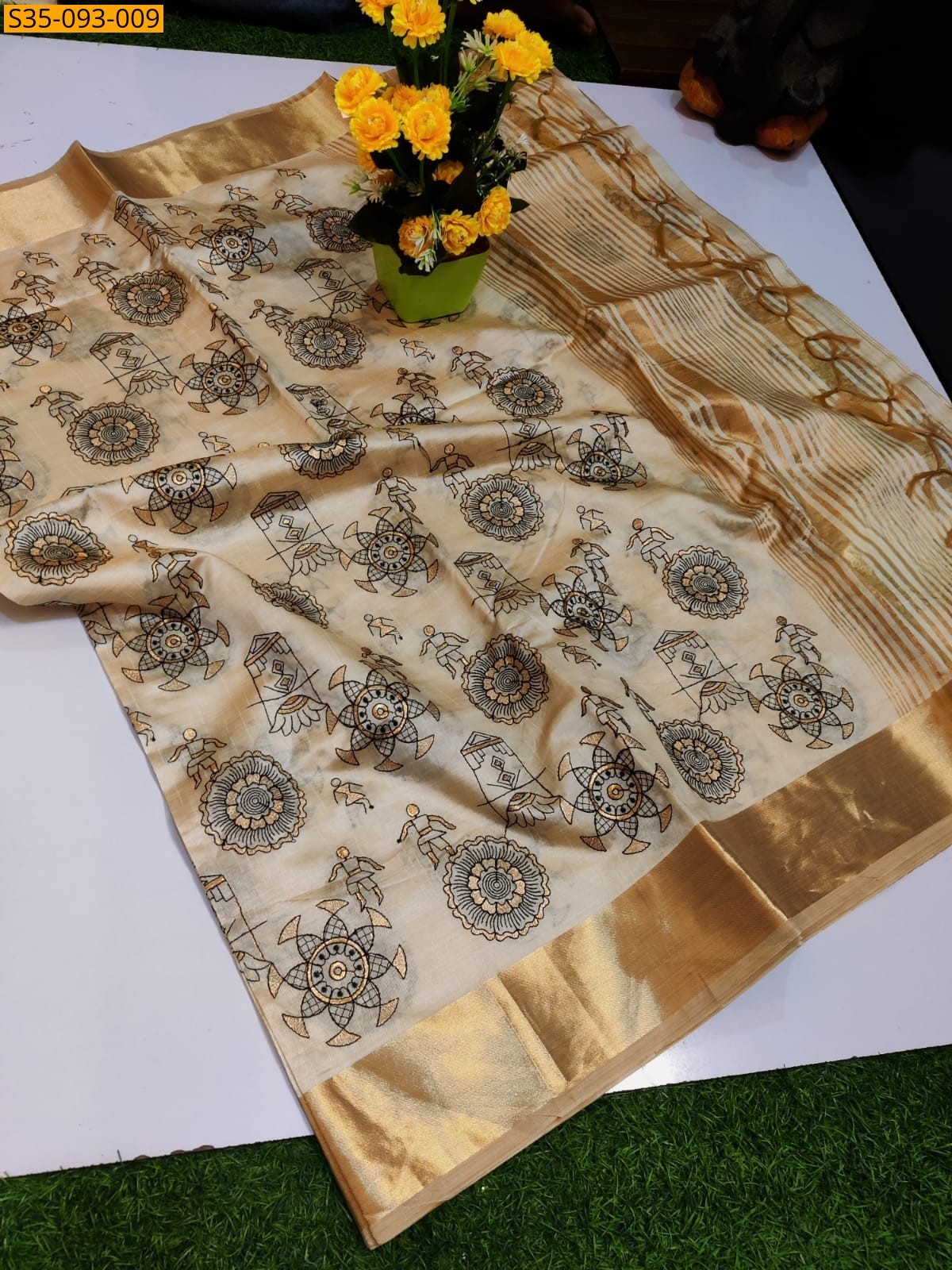 Half White Fancy Tusser Silk  Sarees
