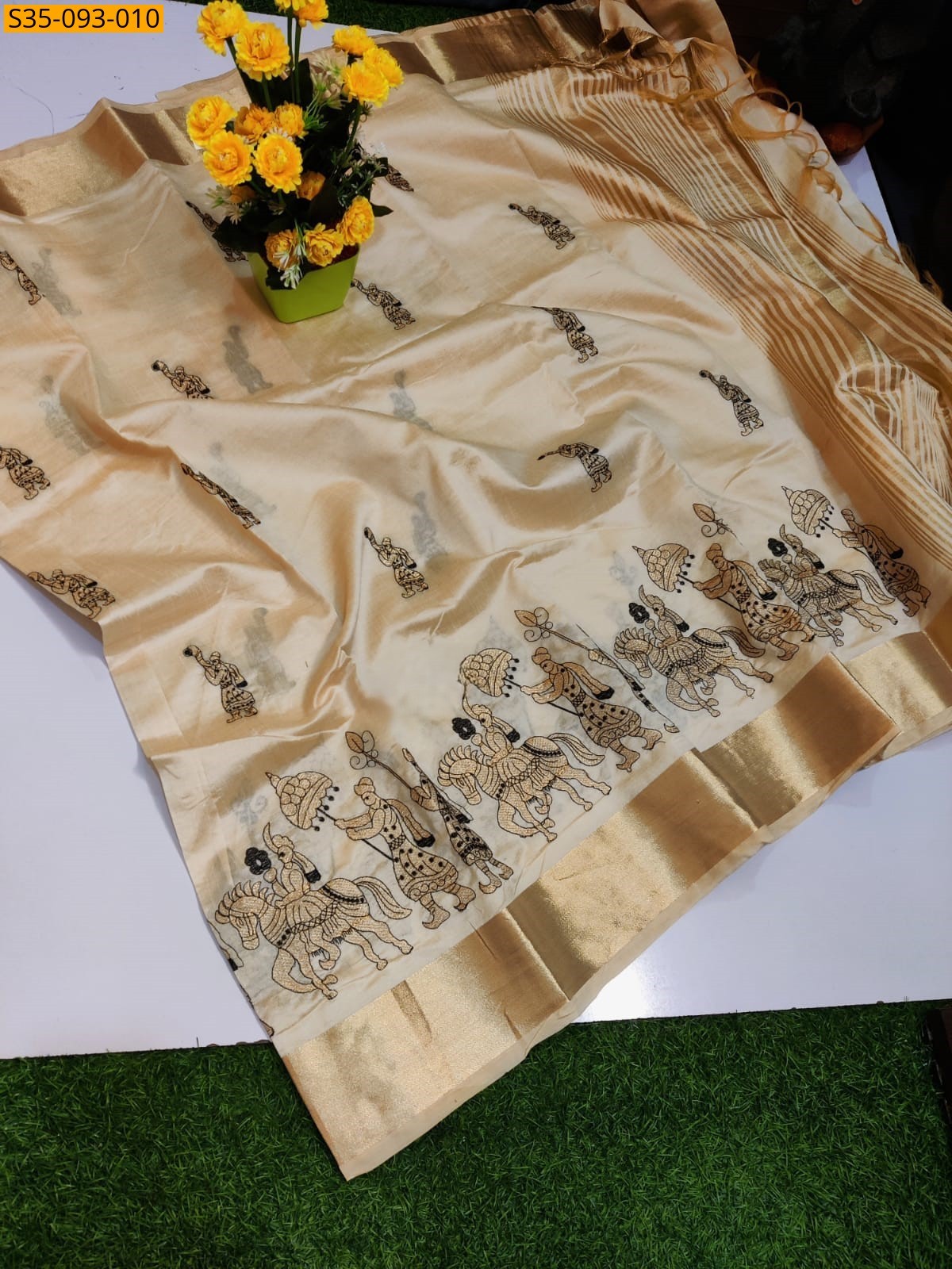 Half White Fancy Tusser Silk  Sarees