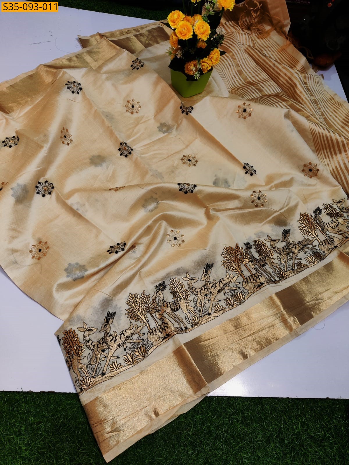 Half White Fancy Tusser Silk  Sarees