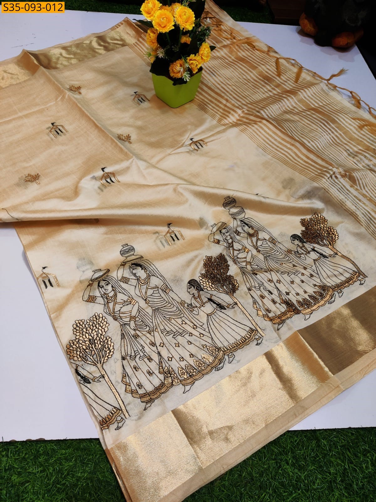 Half White Fancy Tusser Silk  Sarees