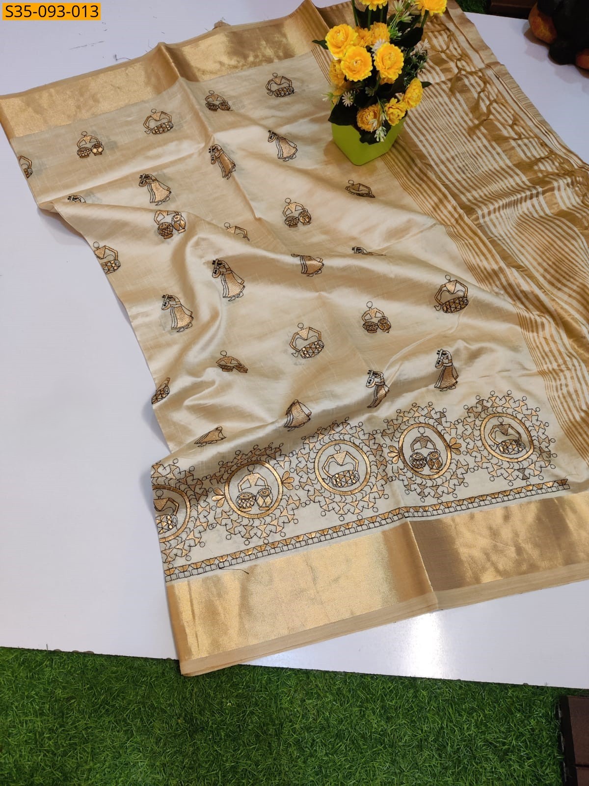 Half White Fancy Tusser Silk  Sarees