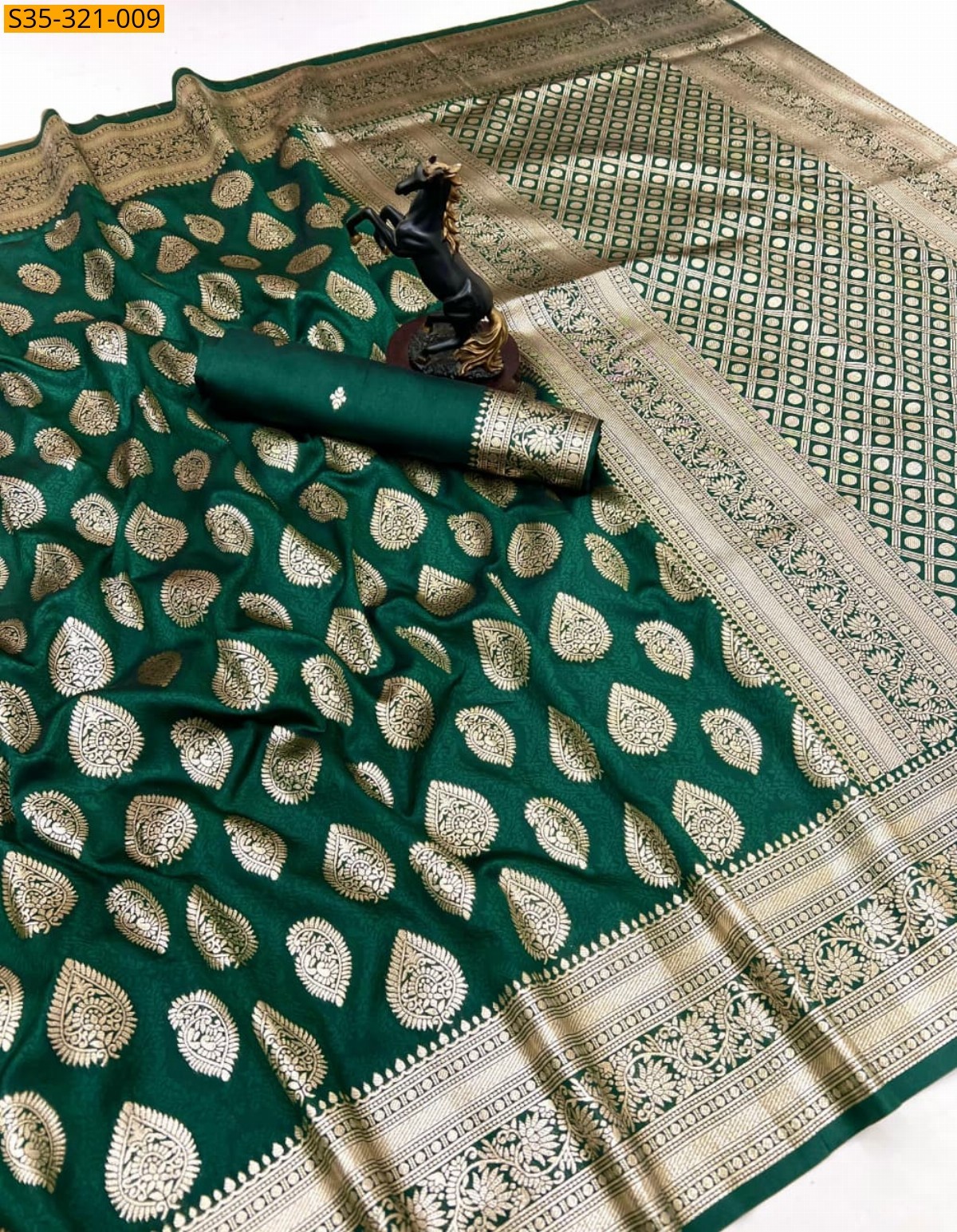 Dark Green Banarasi soft silk saree