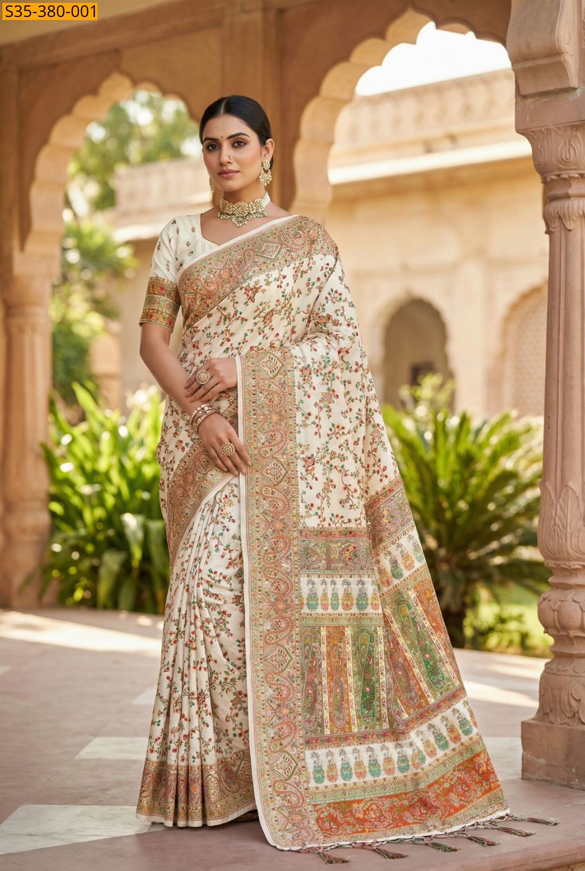 White Fancy Soft Rajwadi Pashmina Silk Weaving Saree
