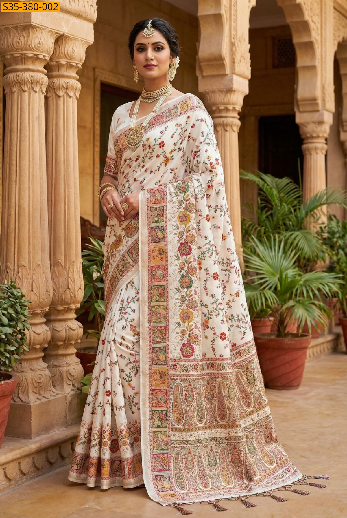 White Fancy Soft Rajwadi Pashmina Silk Weaving Saree