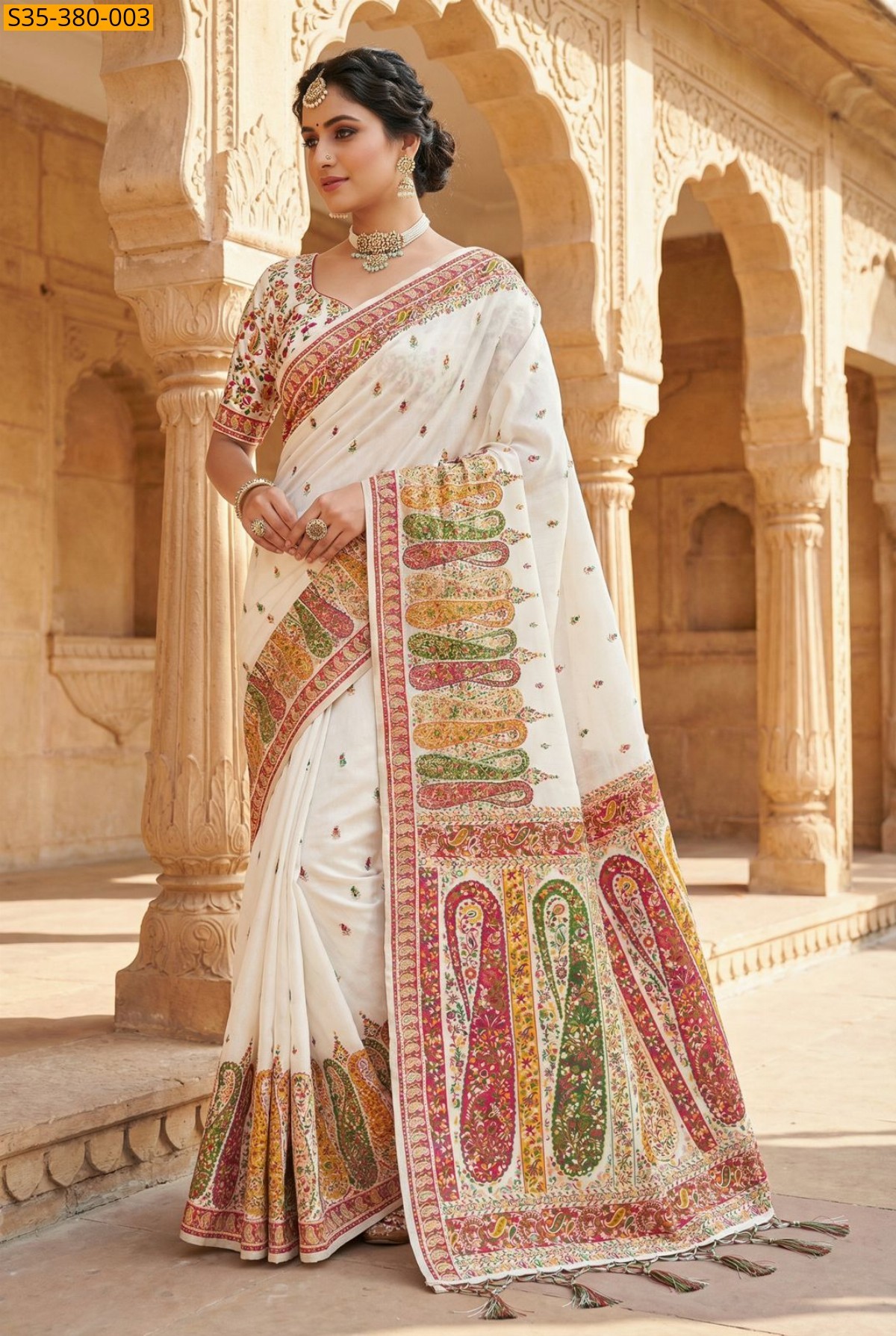 White Fancy Soft Rajwadi Pashmina Silk Weaving Saree