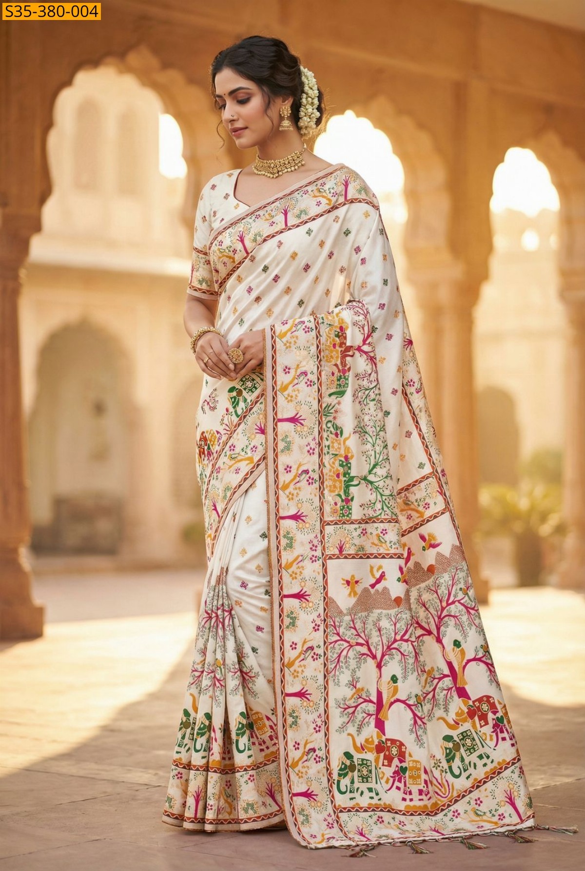 White Fancy Soft Rajwadi Pashmina Silk Weaving Saree