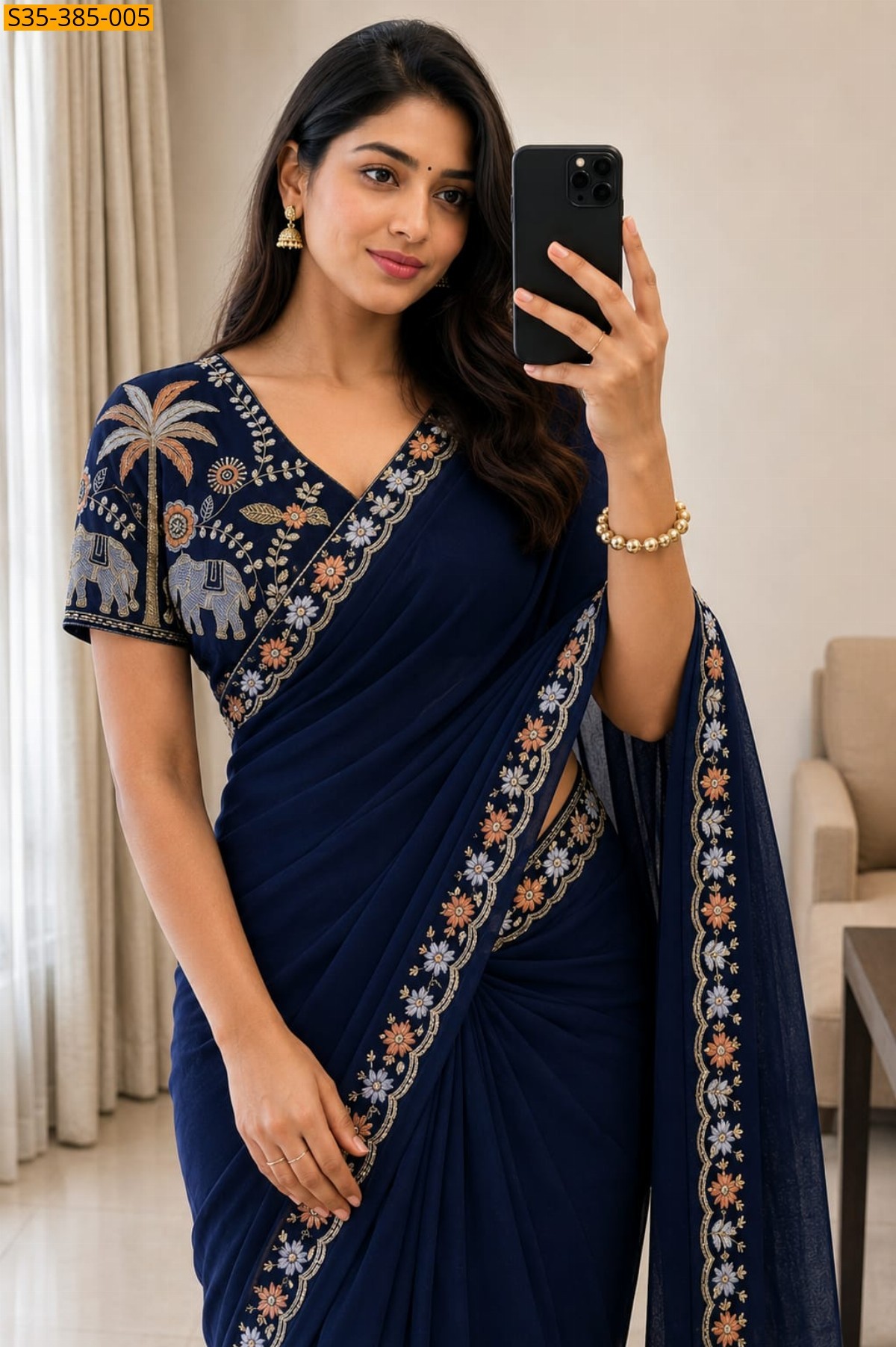 Navy Blue Fancy Star Georgette Saree