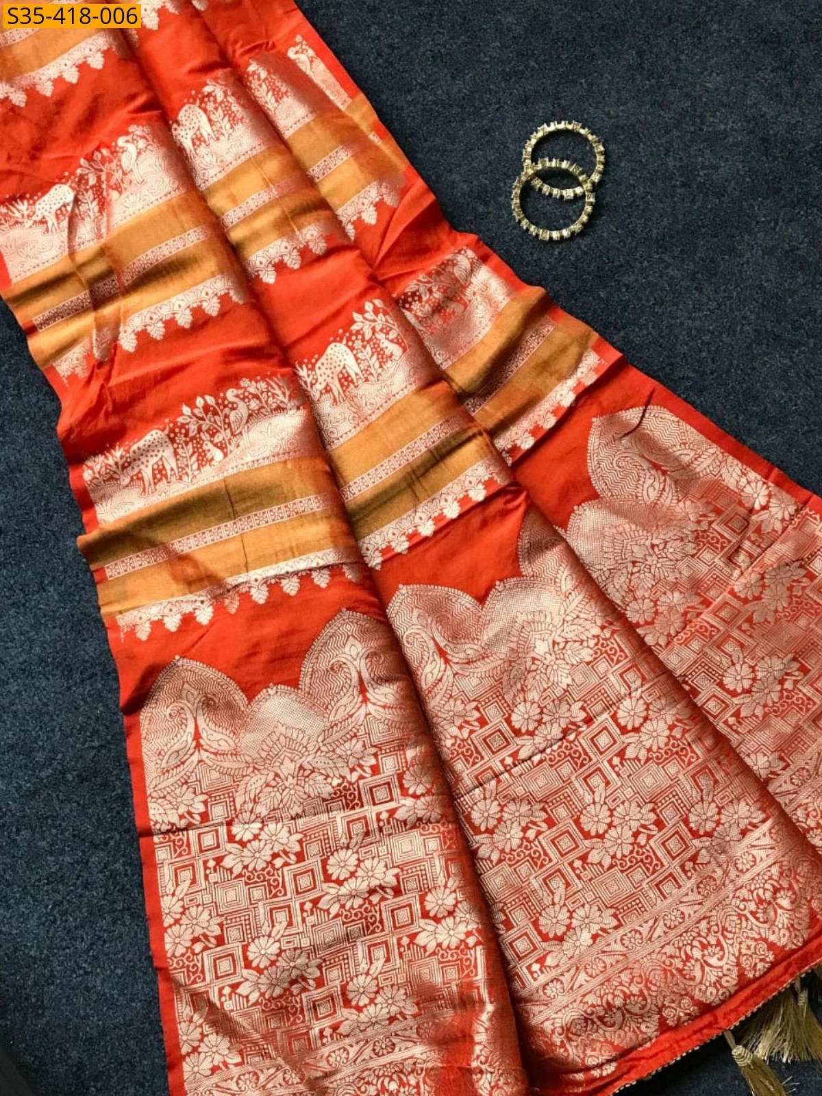 Orange Fancy  Crepe Khadi Tissue Paithani Silk Saree