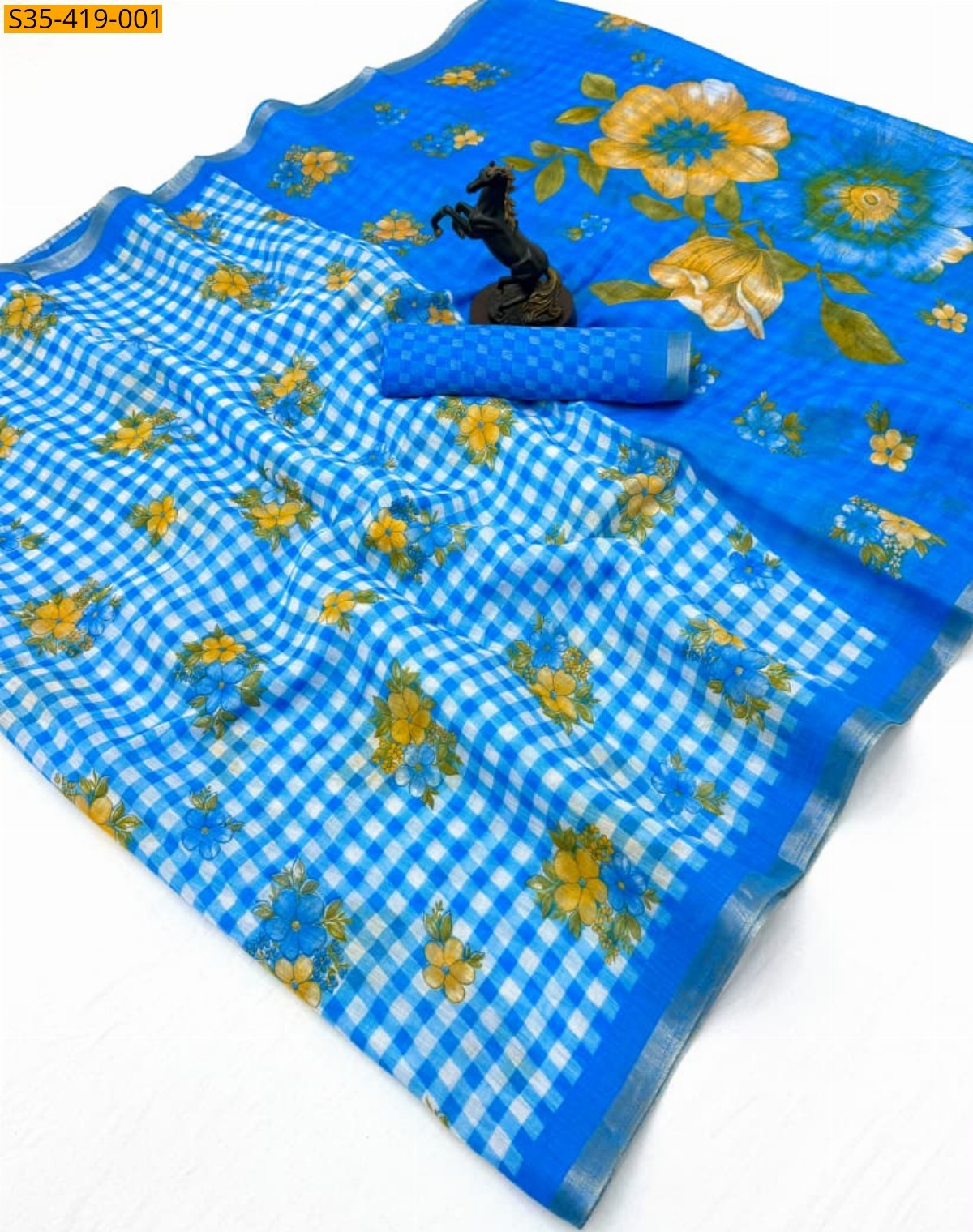 Blue Fancy Linen Digital Printed Saree