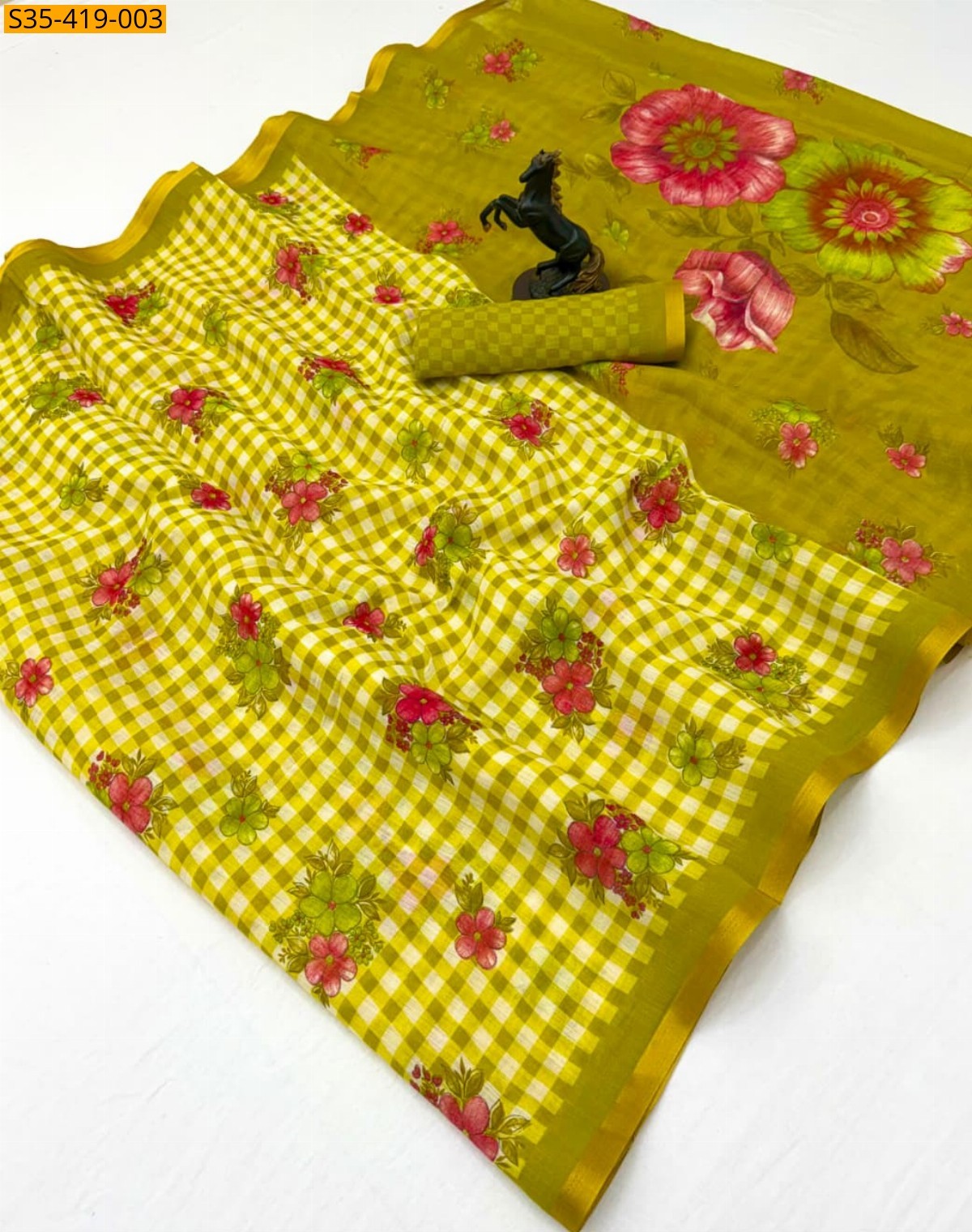 Yellow Fancy Linen Digital Printed Saree