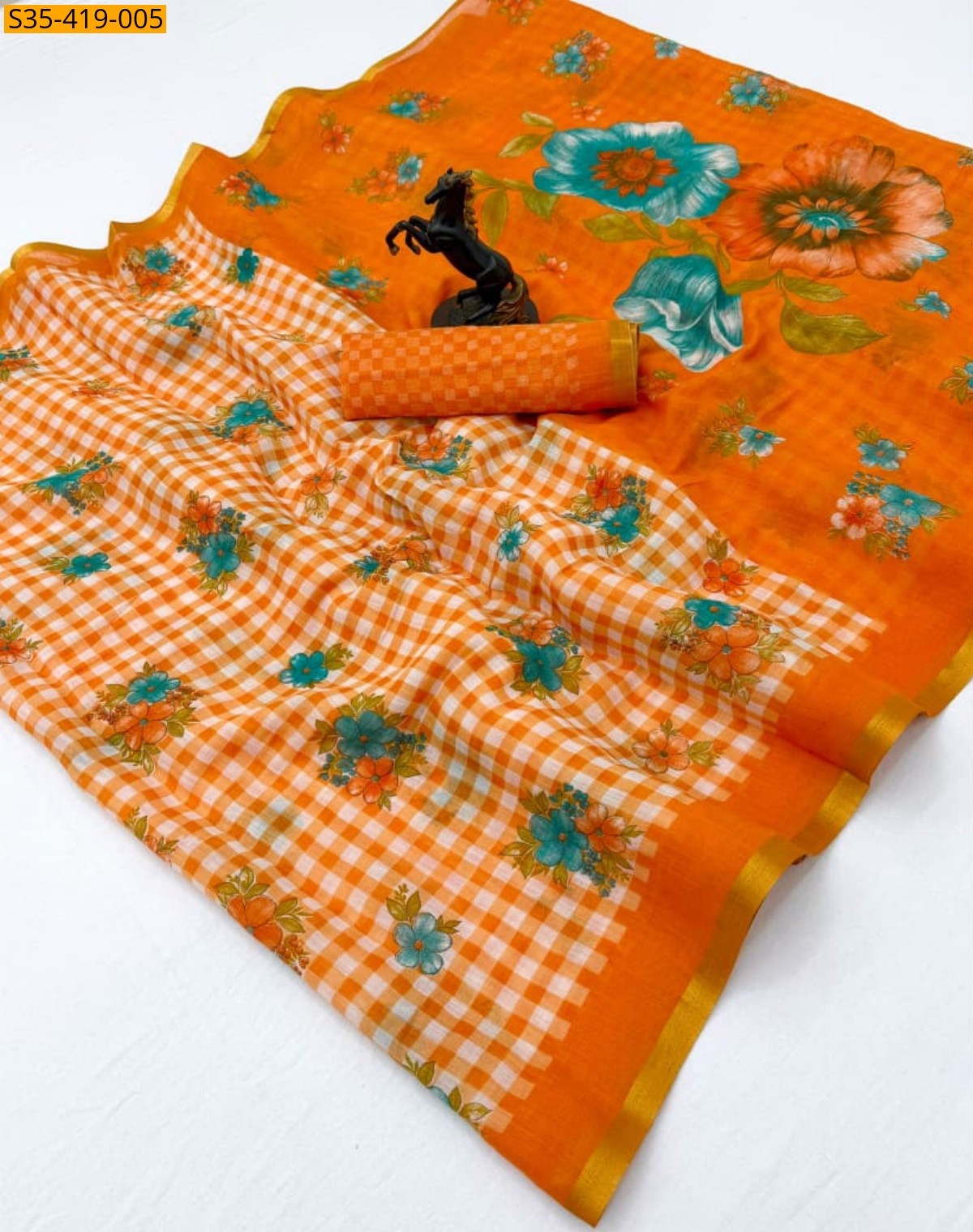 Orange Fancy Linen Digital Printed Saree