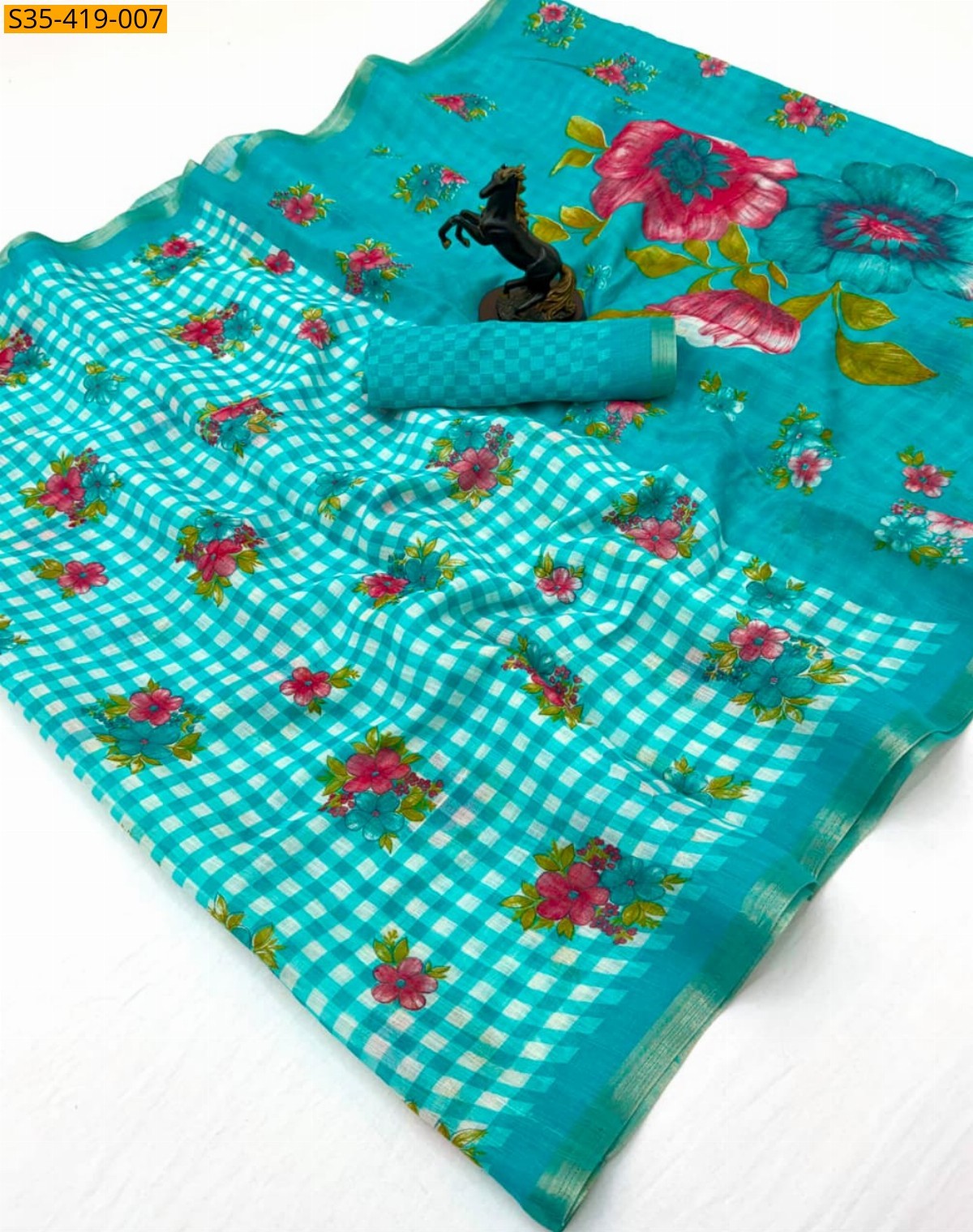 Rama Blue Fancy Linen Digital Printed Saree