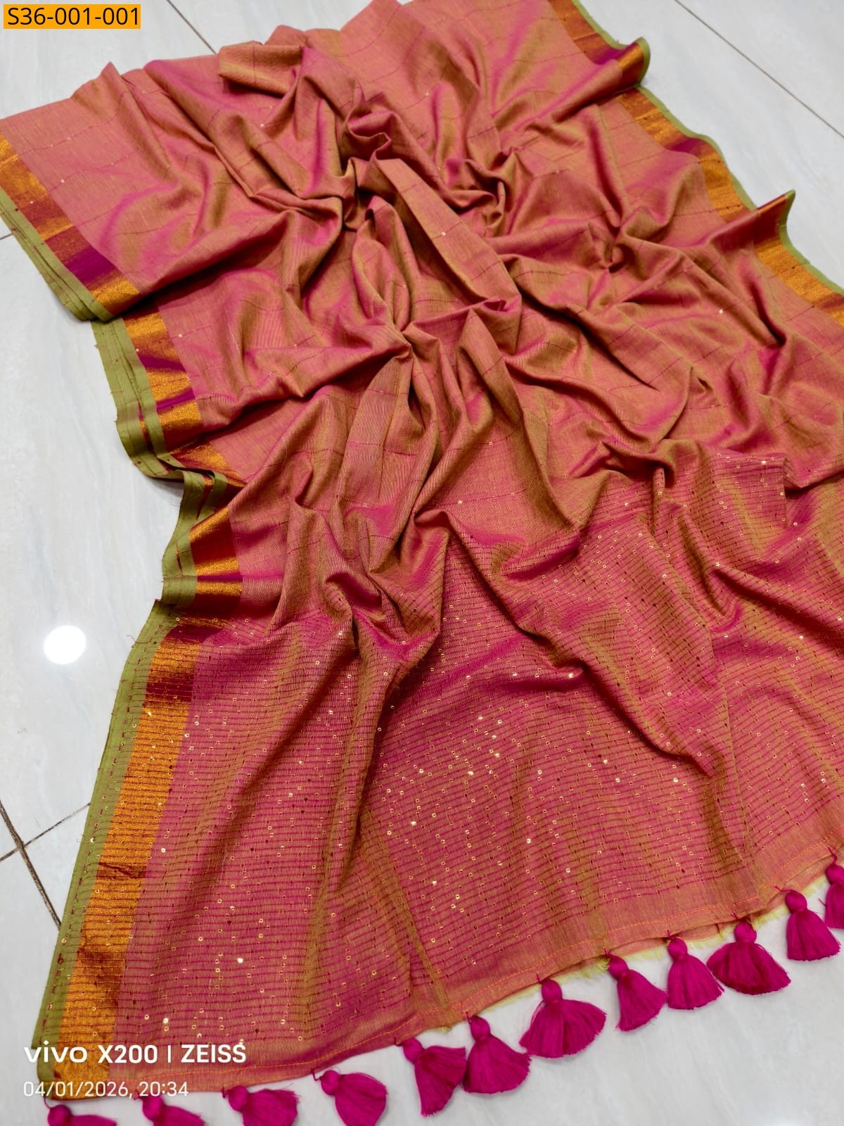 Peach Pink Fancy mul cotton saree