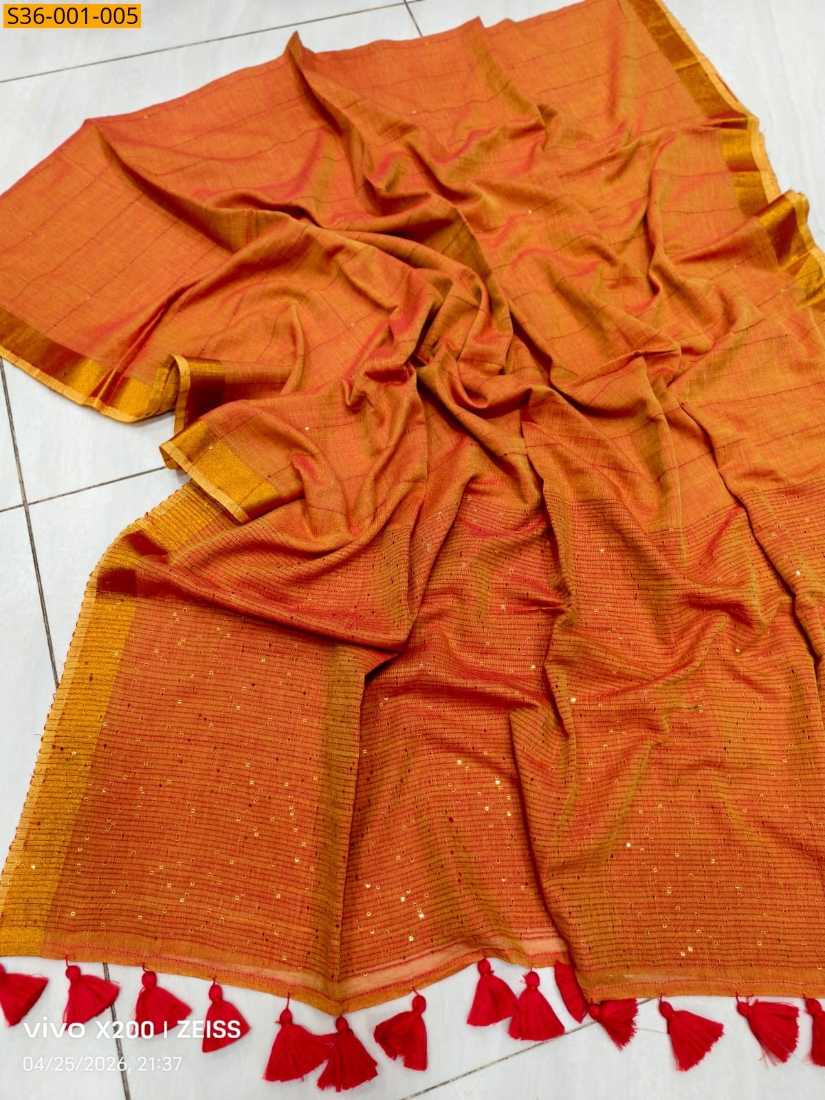 Orange Fancy mul cotton saree