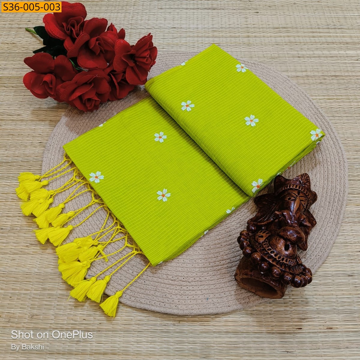 Parrot Green Fancy Kota Cotton Saree