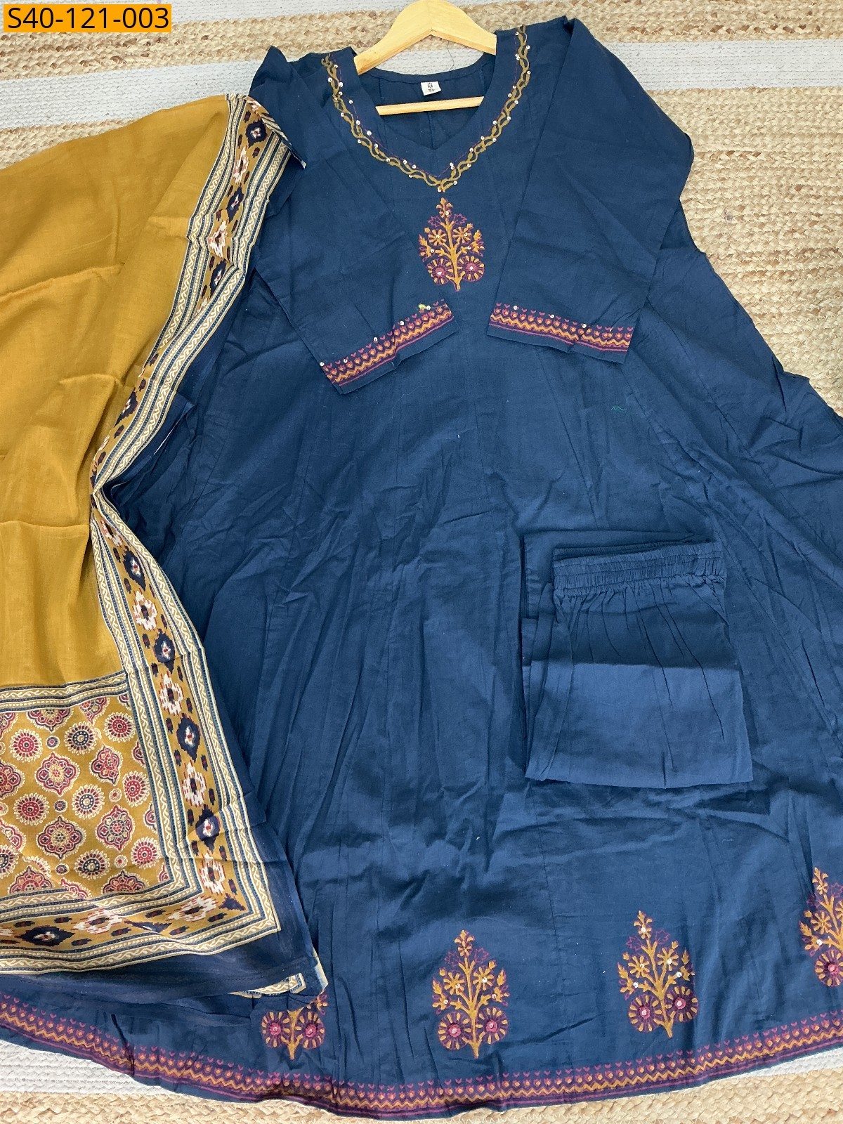 Navy blue Fancy Cotton Kurti Pant Dupatta set