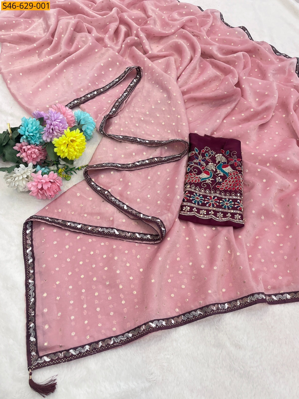 Onion Pink Fancy Moss Silk Saree