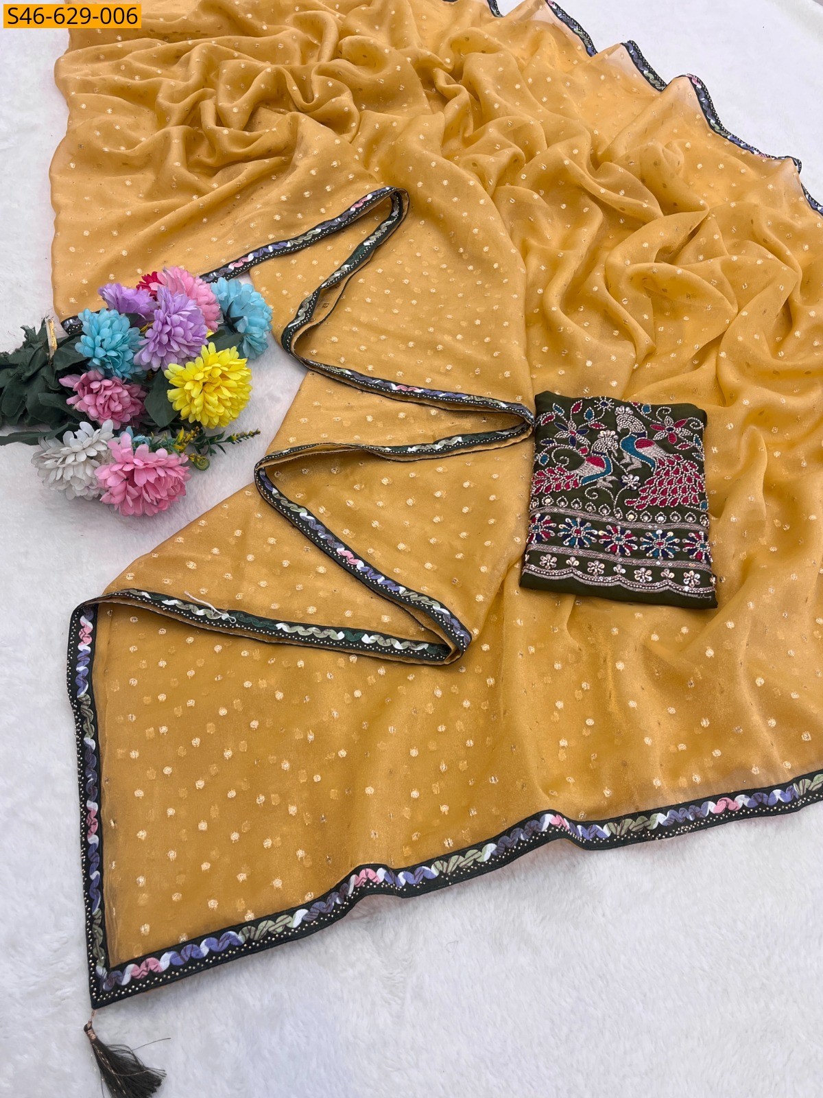 Yellow Fancy Moss Silk Saree