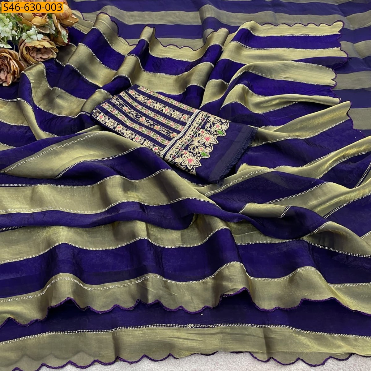 Blue Fancy Satin Patta Saree