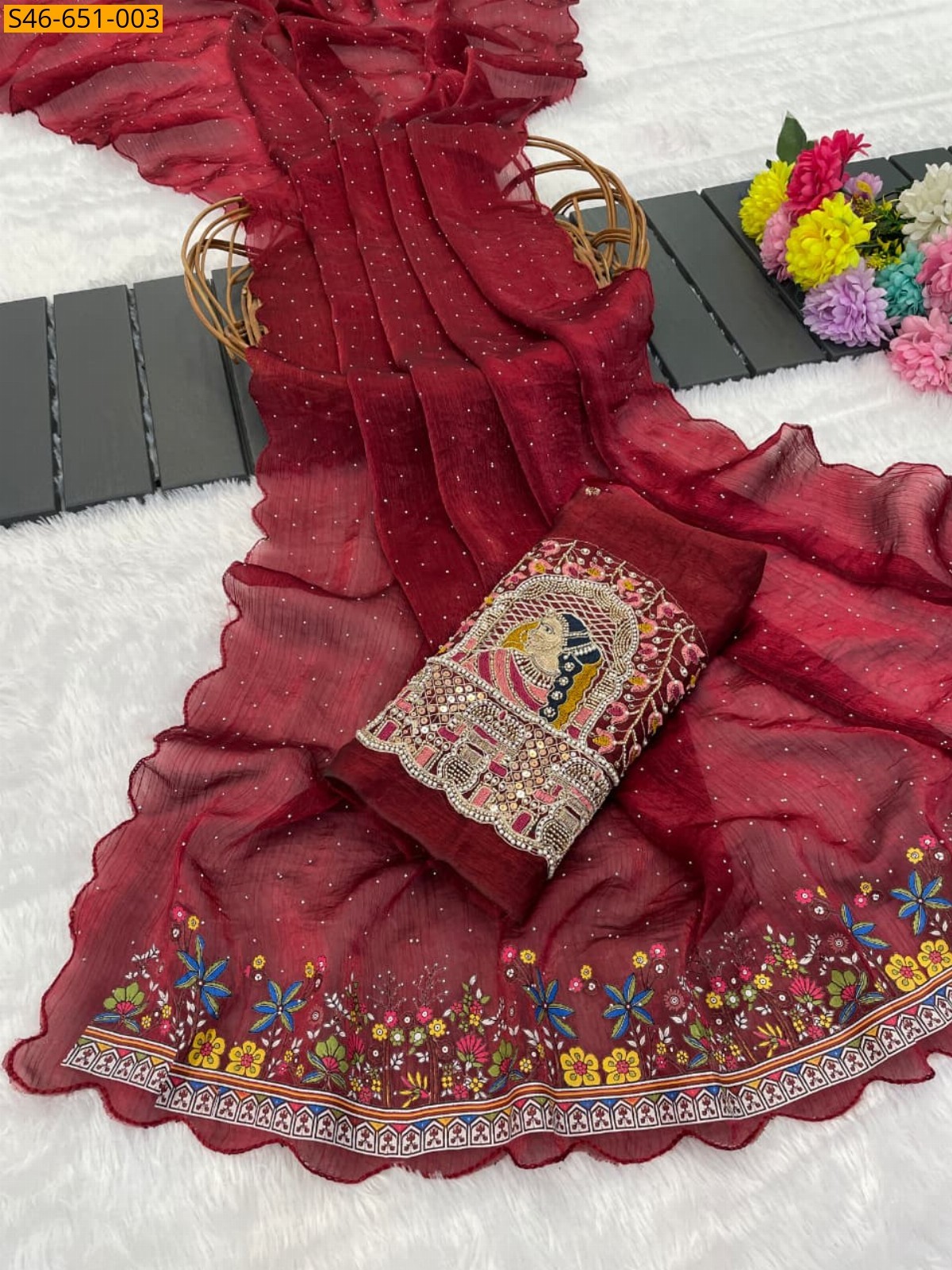 Red Fancy Fendy Chiffon Saree