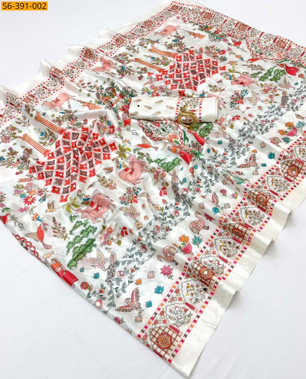White Fancy Ajrakh Moss Silk Saree