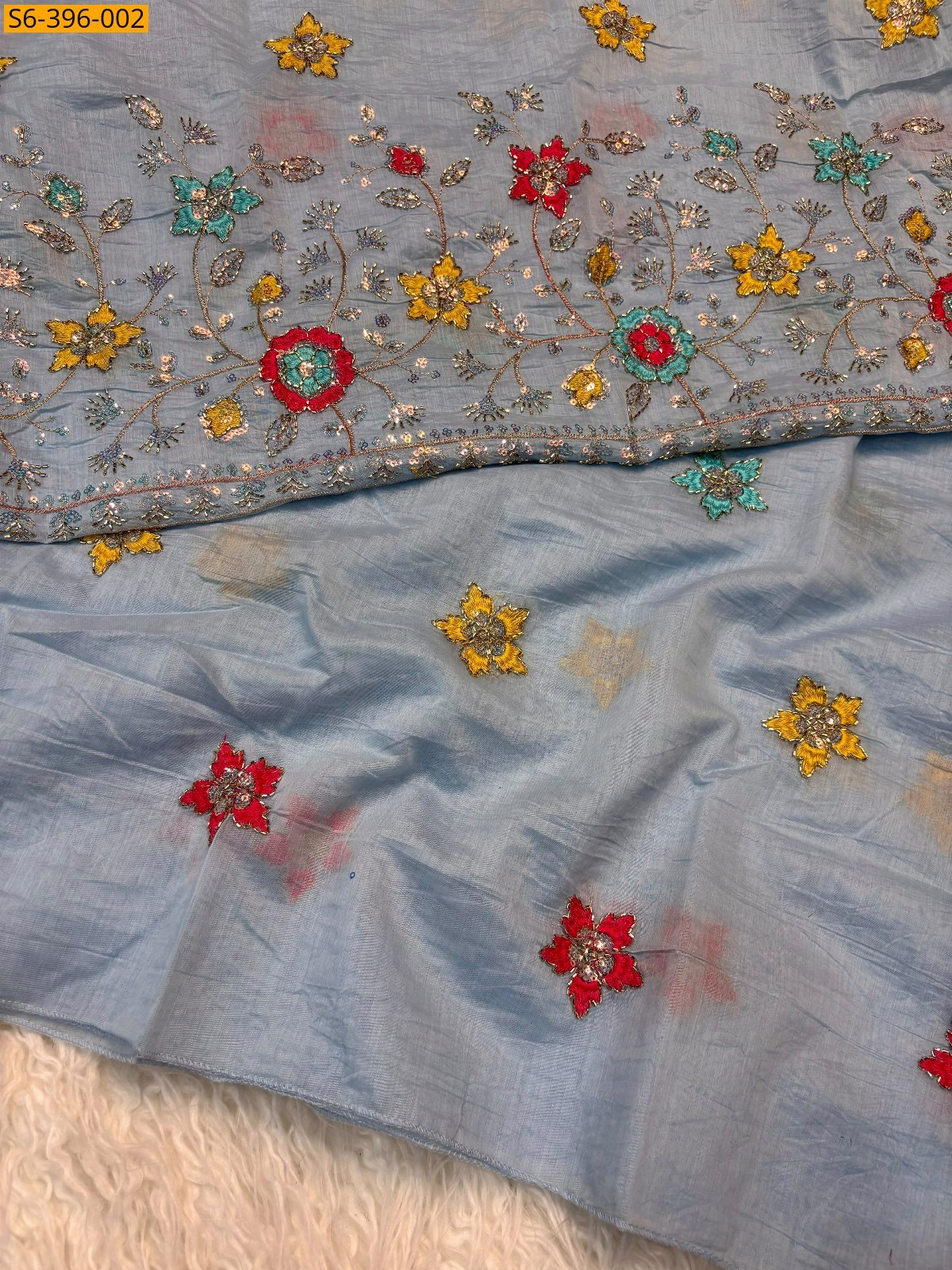 Light Blue Fancy Patry wear Mulcotton Saree