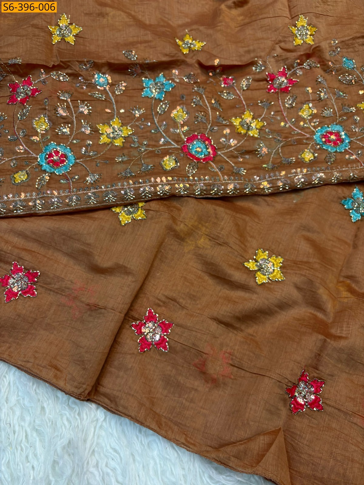 Brown Fancy Patry wear Mulcotton Saree