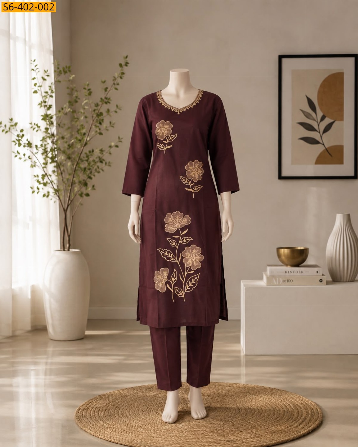 Wine Fancy Dhabu Cotton Coord Set