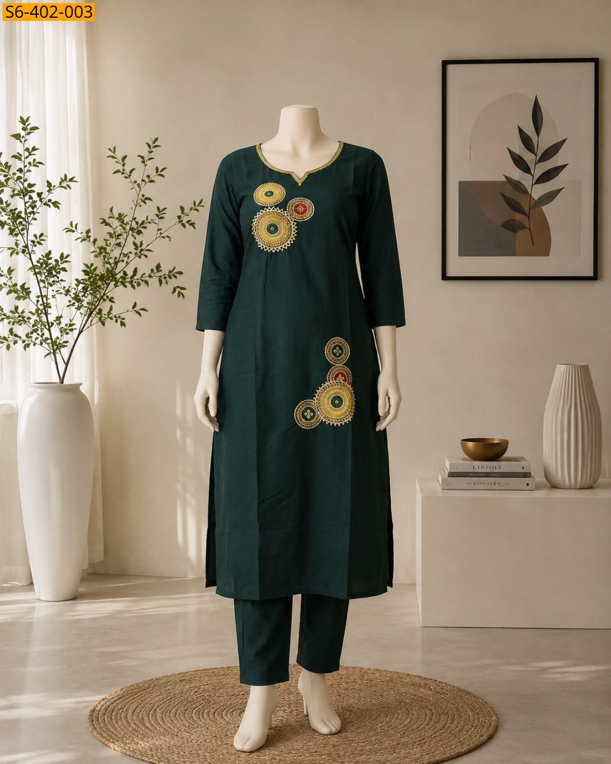 Green Fancy Dhabu Cotton Coord Set