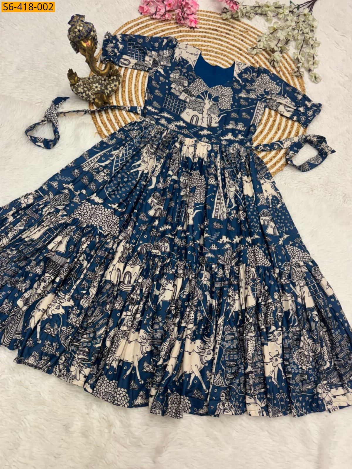 Blue Fancy Muslin Cotton Kalamkari Maxi