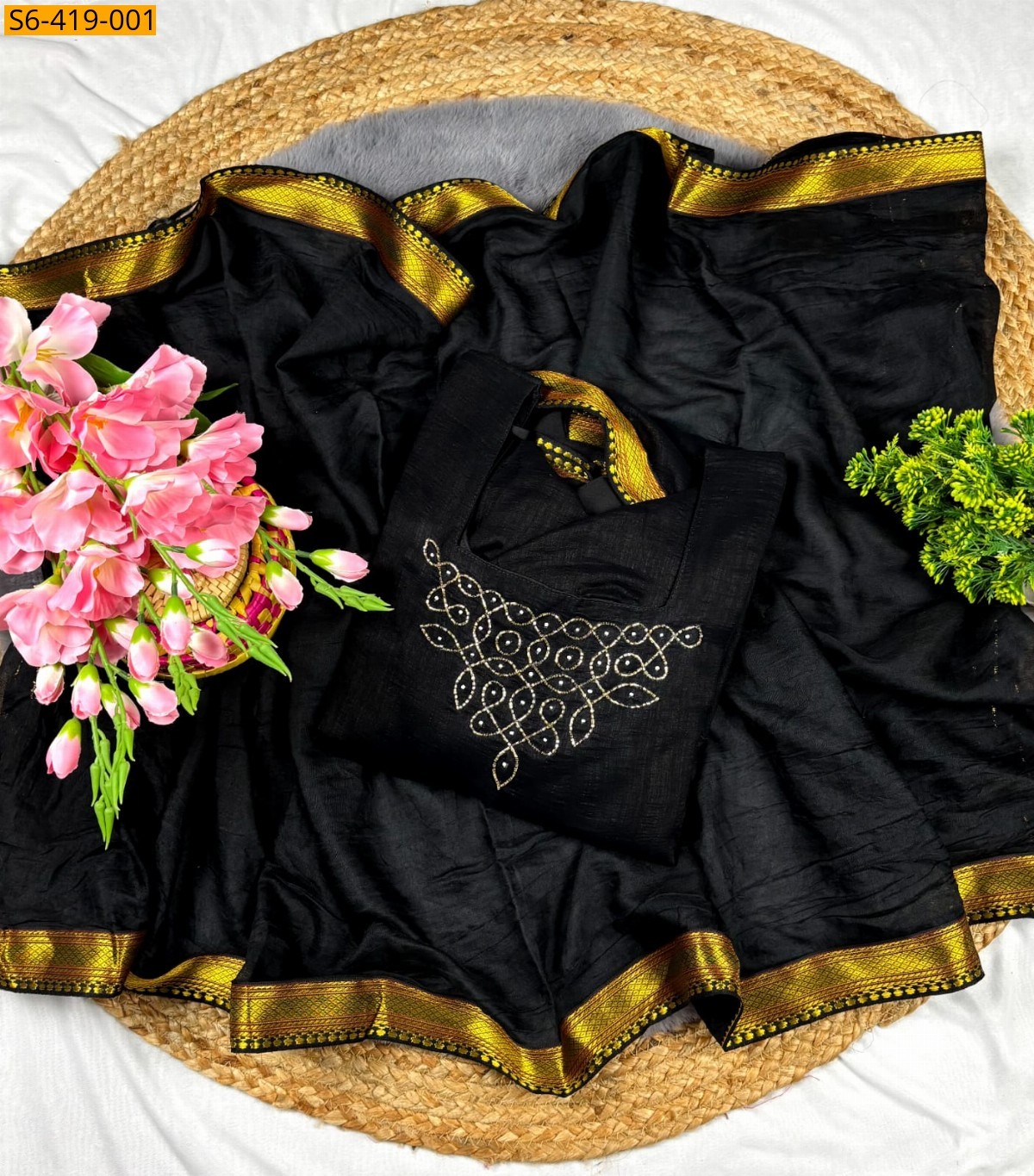 Black Fancy Blooming Vichitra Silk Maxi with Duppata
