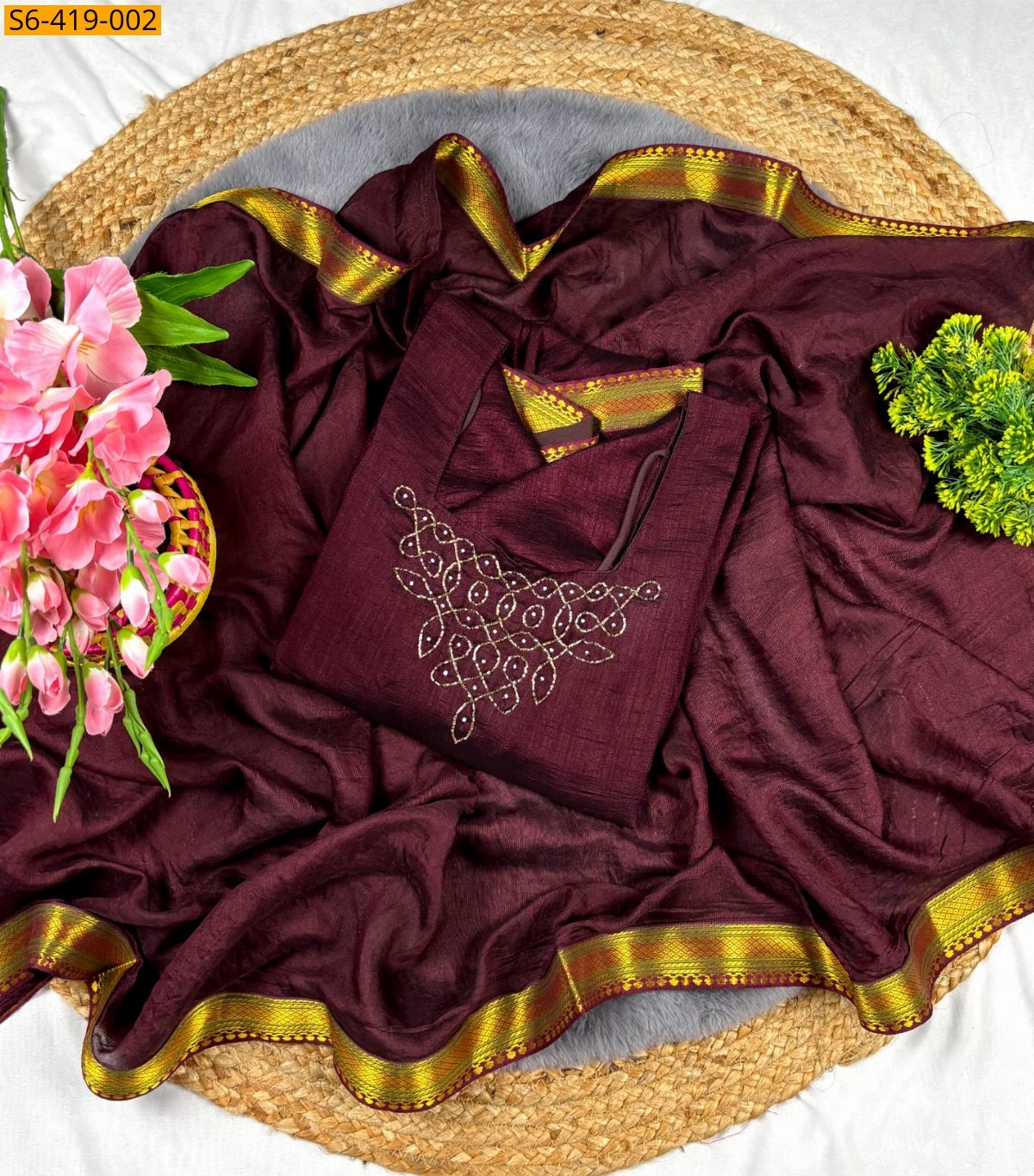 Dark Maroon Fancy Blooming Vichitra Silk Maxi with Duppata
