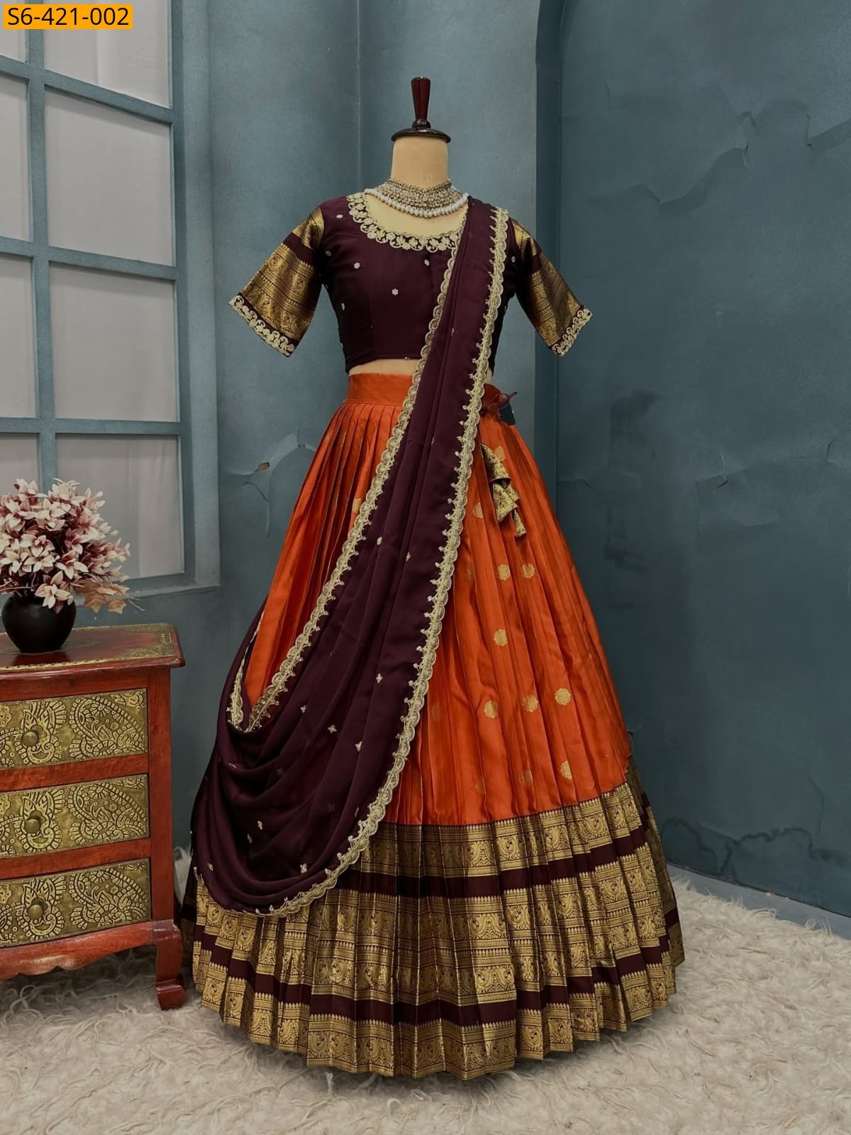 Rust orange Fancy Kanjivaram Silk Lehenga
