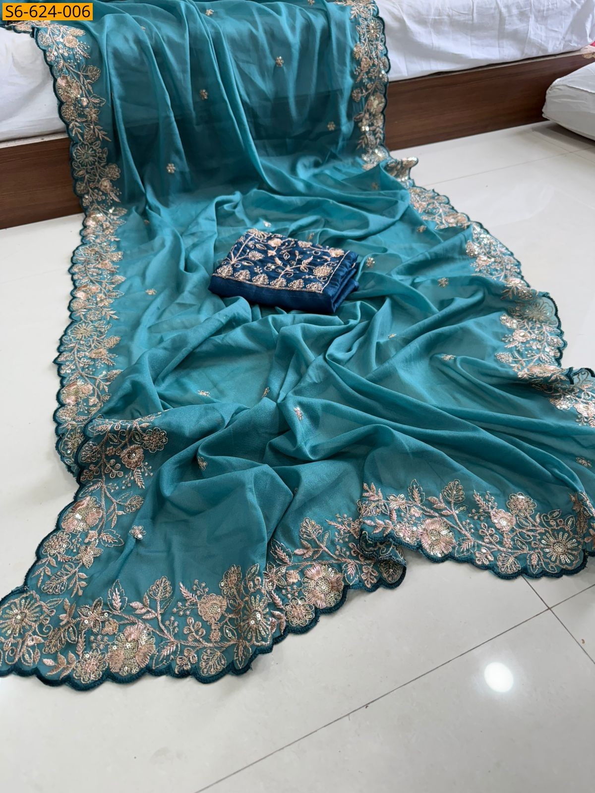 Blue Star Georgette Embroidery saree