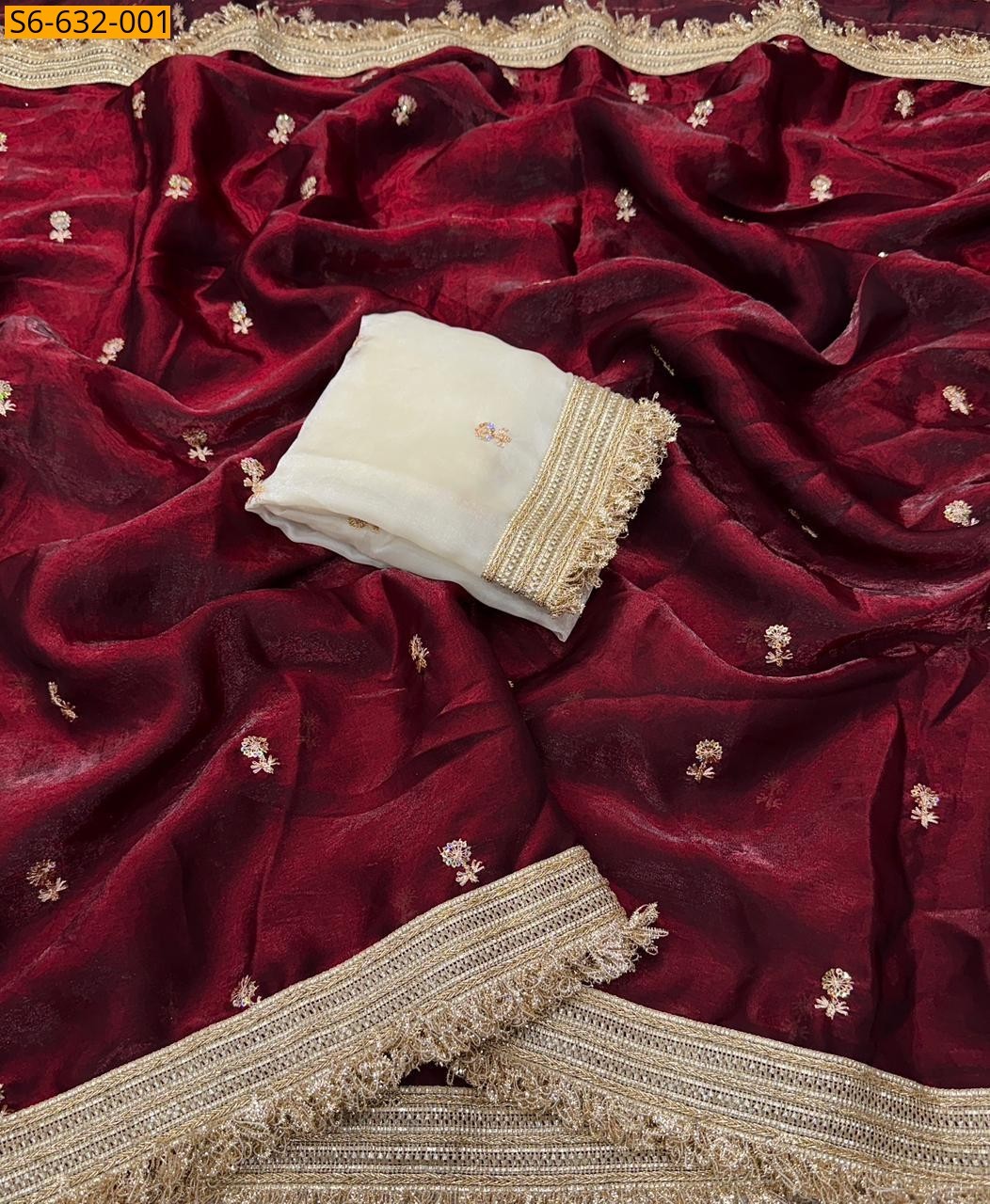 Red Space satin embroidery saree
