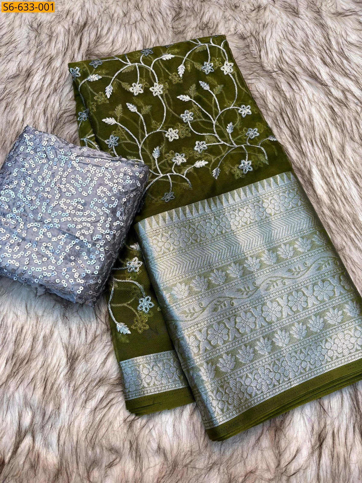 Green Kanchipuram organza sequence saree