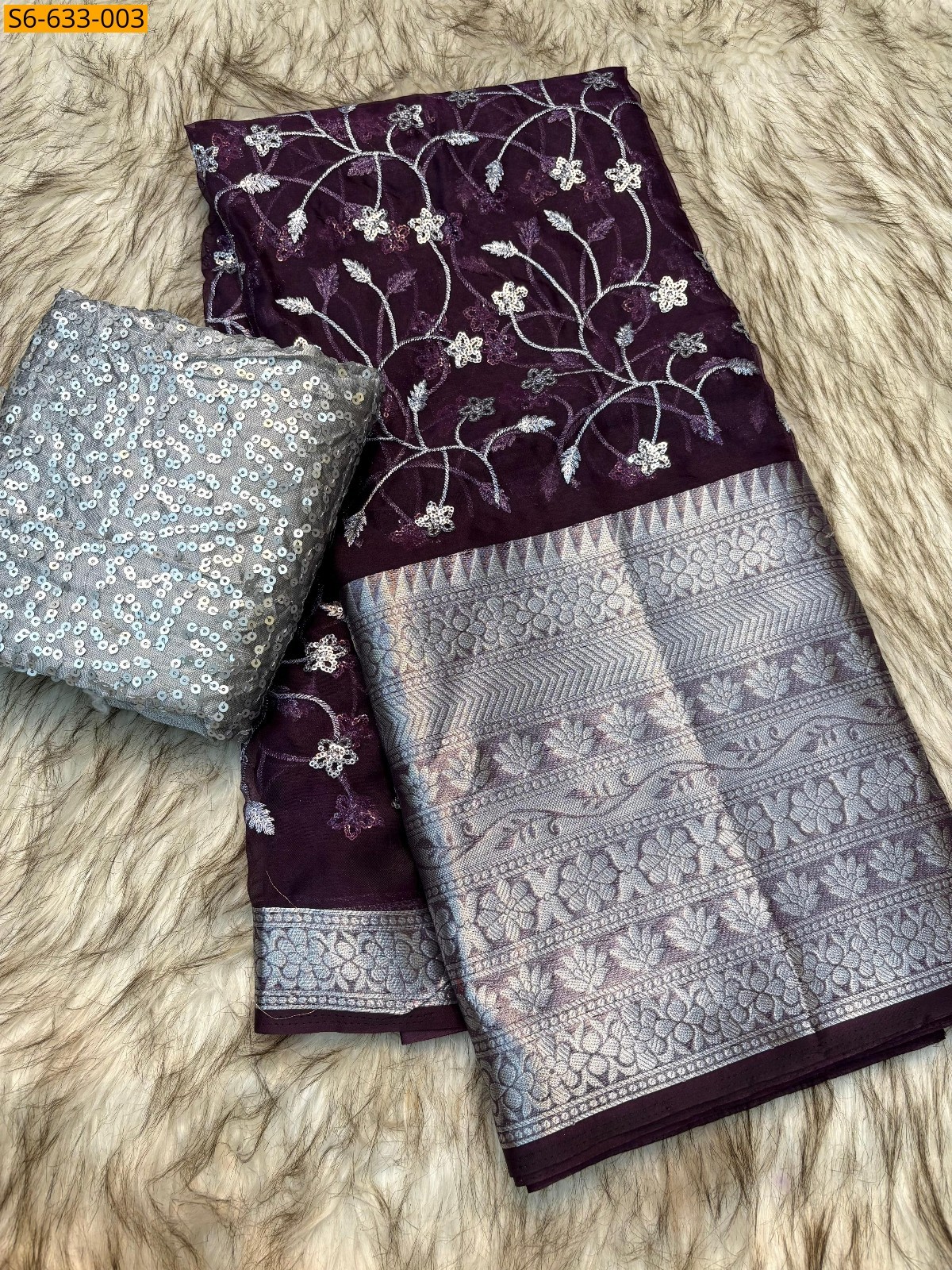 Wine Kanchipuram organza sequence saree