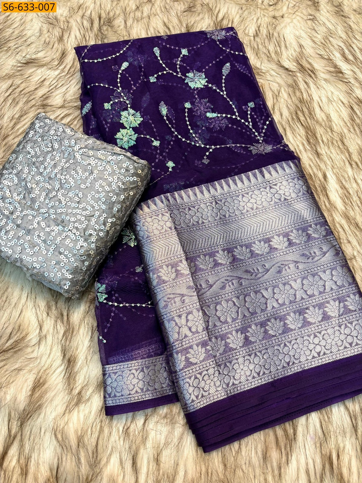Purple Kanchipuram organza sequence saree