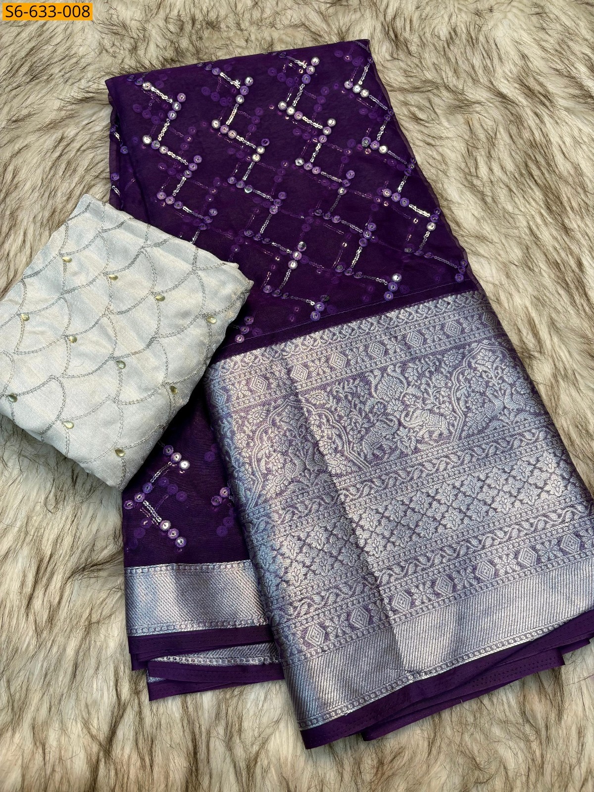 Purple Kanchipuram organza sequence saree