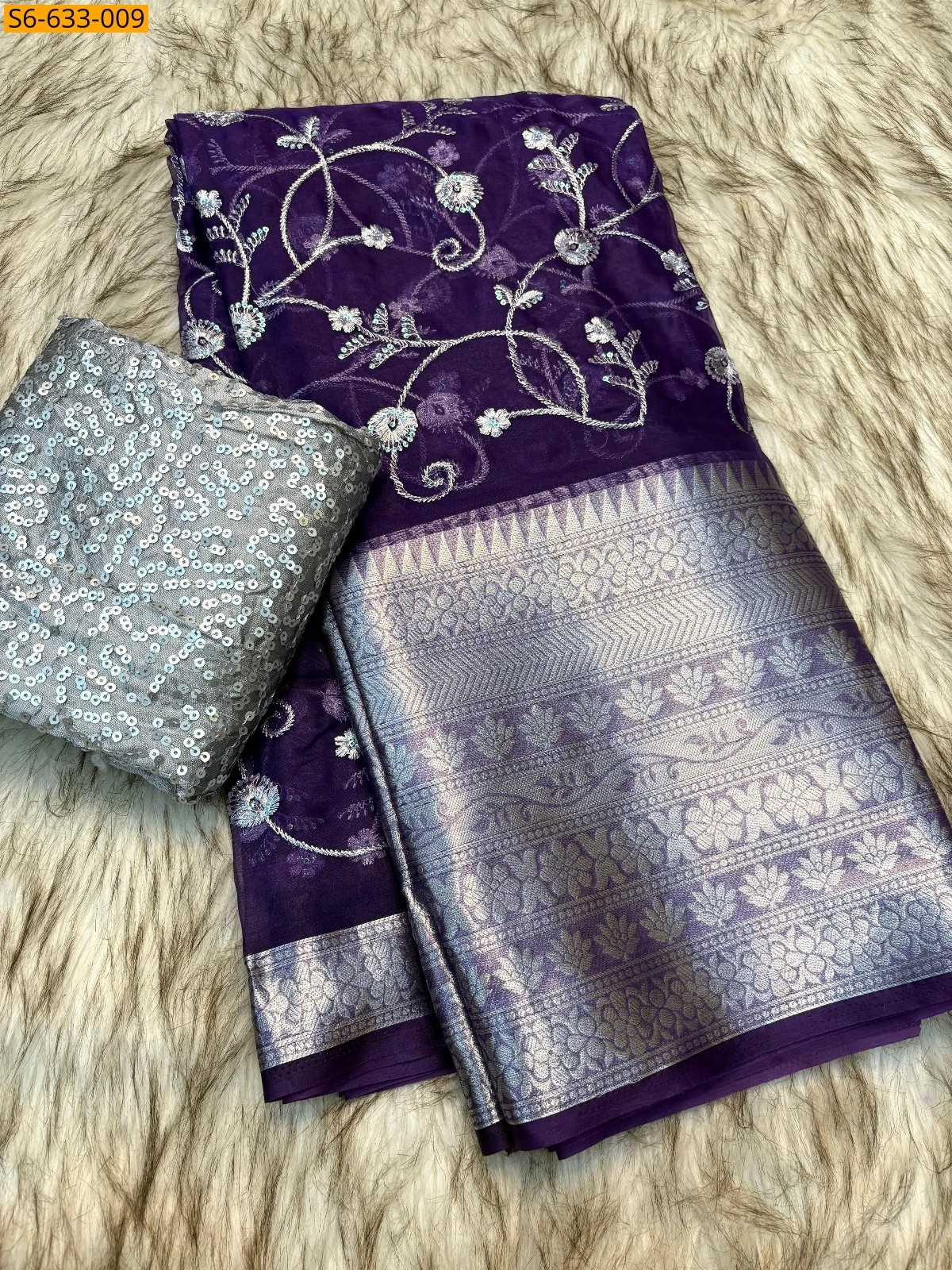 Purple Kanchipuram organza sequence saree