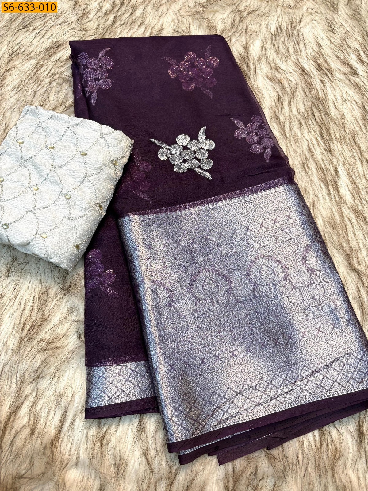 Wine Kanchipuram organza sequence saree