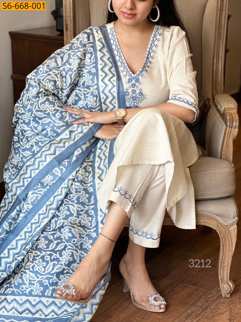 Half White Fancy Khadi Cotton Kurti Bottom Dupatta