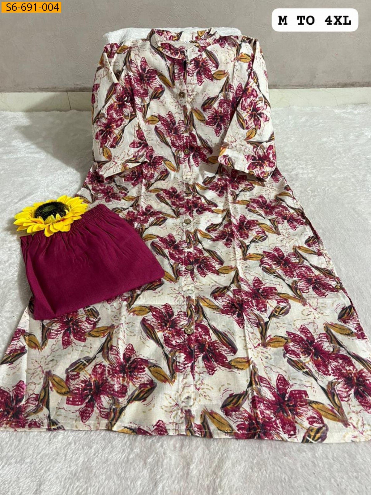 Cream Fancy Blended Cotton Kurti With pant Set