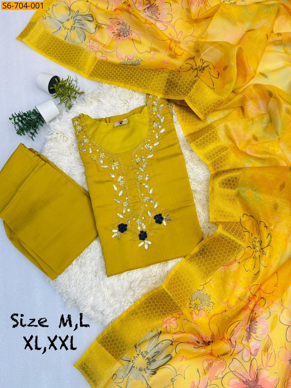 Yellow Roman Silk Kurti Pant Dupatta Set